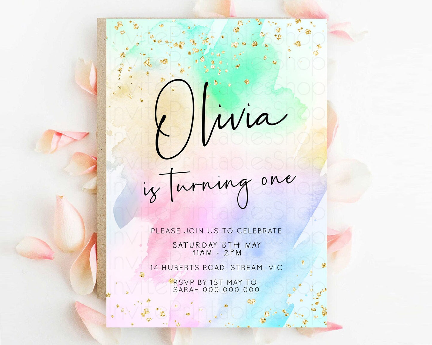 Pastel Birthday Invitation Ombre Watercolor Birthday Invitation Glitter Rainbow Color Splash 1st 2nd 3rd Birthday Invitation D23075