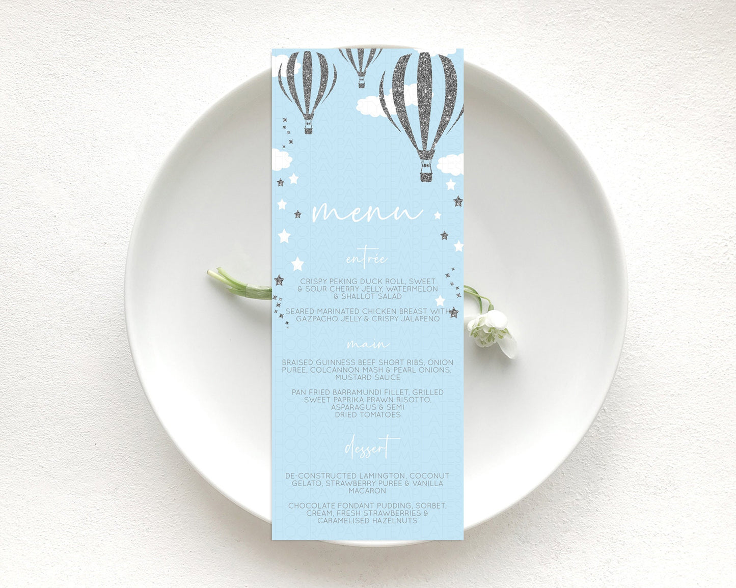 Hot Air Balloon Menu Hot Air Balloon Menu Template Hot Air Balloon Table Decor Adventure Awaits Dinner Dessert Party Food Menu D10335