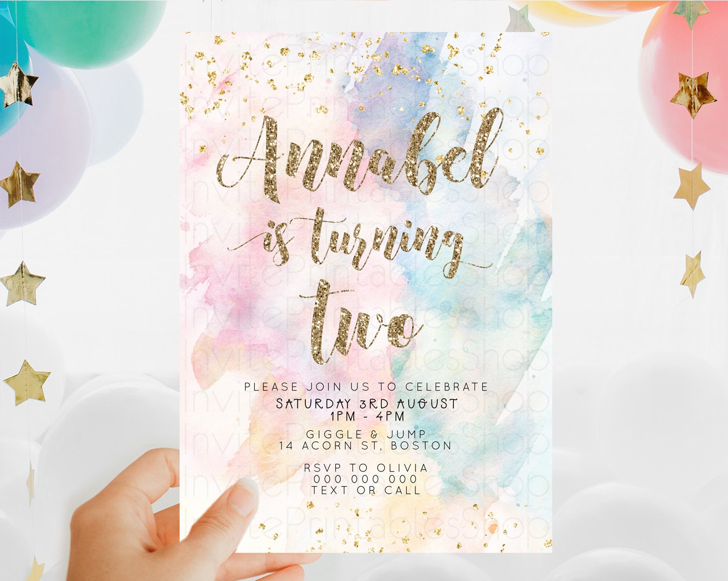 Editable Rainbow Birthday Invitation Colorful Pastel Watercolor Invitation G