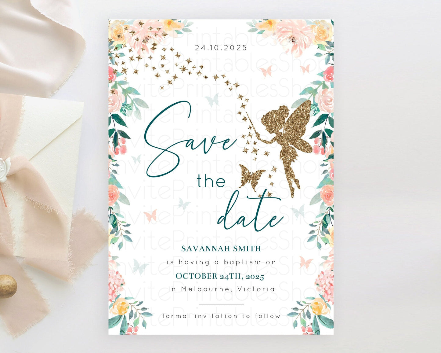 Fairy Save The Date Template Enchanted Garden Pastel Floral Butterfly Party Secret Garden Birthday Baptism Baby Shower Bridal Shower D10239