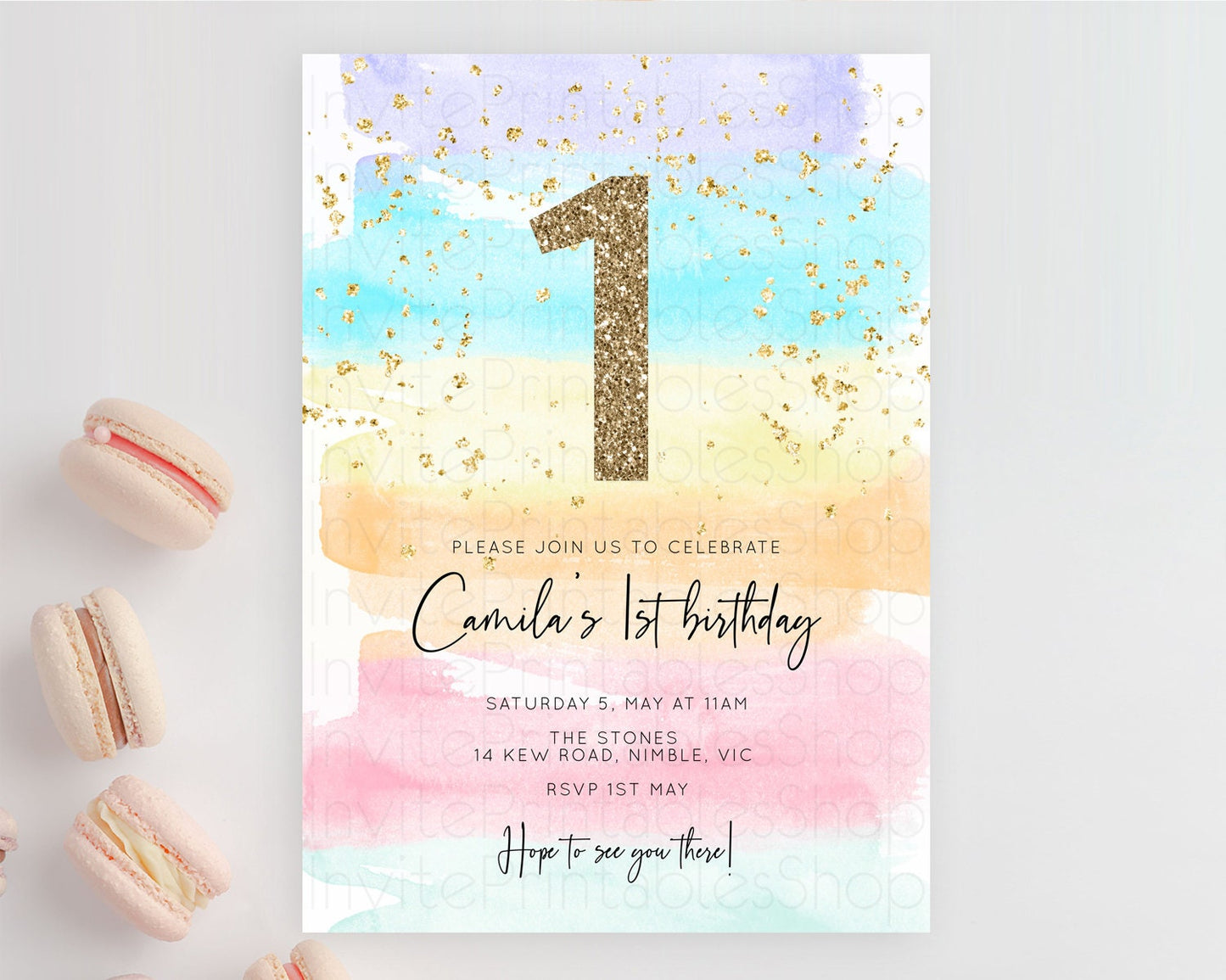 Rainbow Birthday Invitation Colorful Pastel Watercolor Invitation Gold Glitter Sprinkles Ombre Pastel 1st 2nd 3rd Birthday D10505