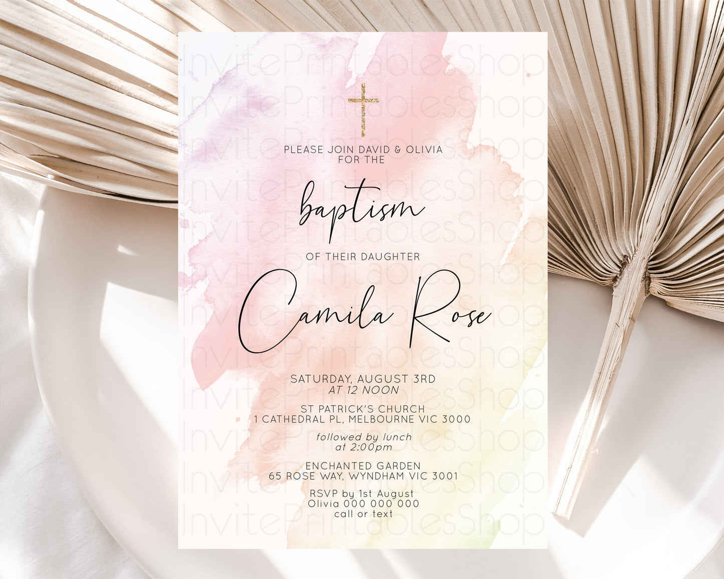 Pink Baptism Invitation Pink Watercolor Baptism 1st Birthday Invitation Pastel Pink Watercolor Christening Invite Pink Splash D10164