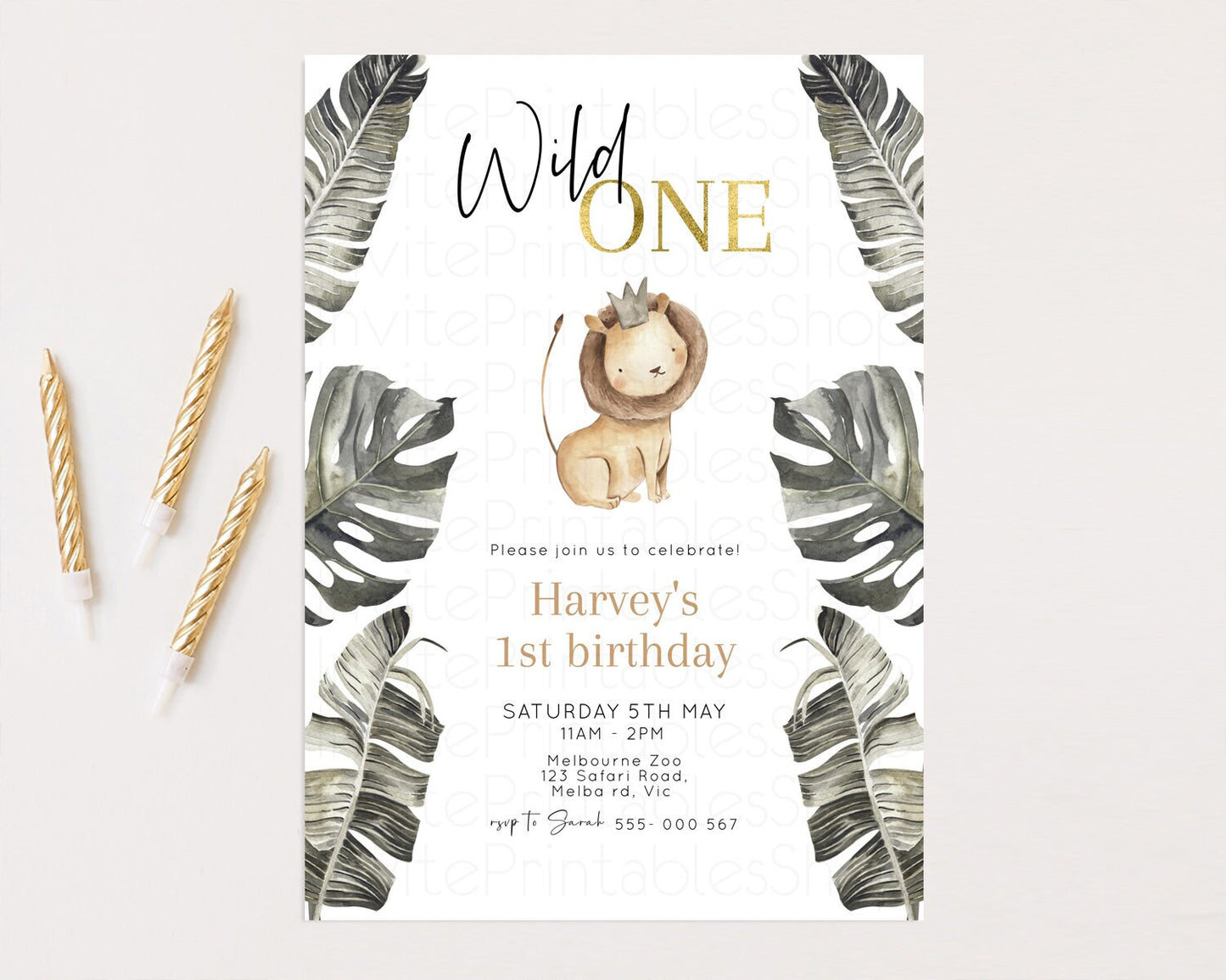 Lion Birthday Invitation Lion 1st Birthday Invite Lion Cub Invitation Lion Safari Invite Wild One Invite Zoo Party Jungle Palm Leaf 584