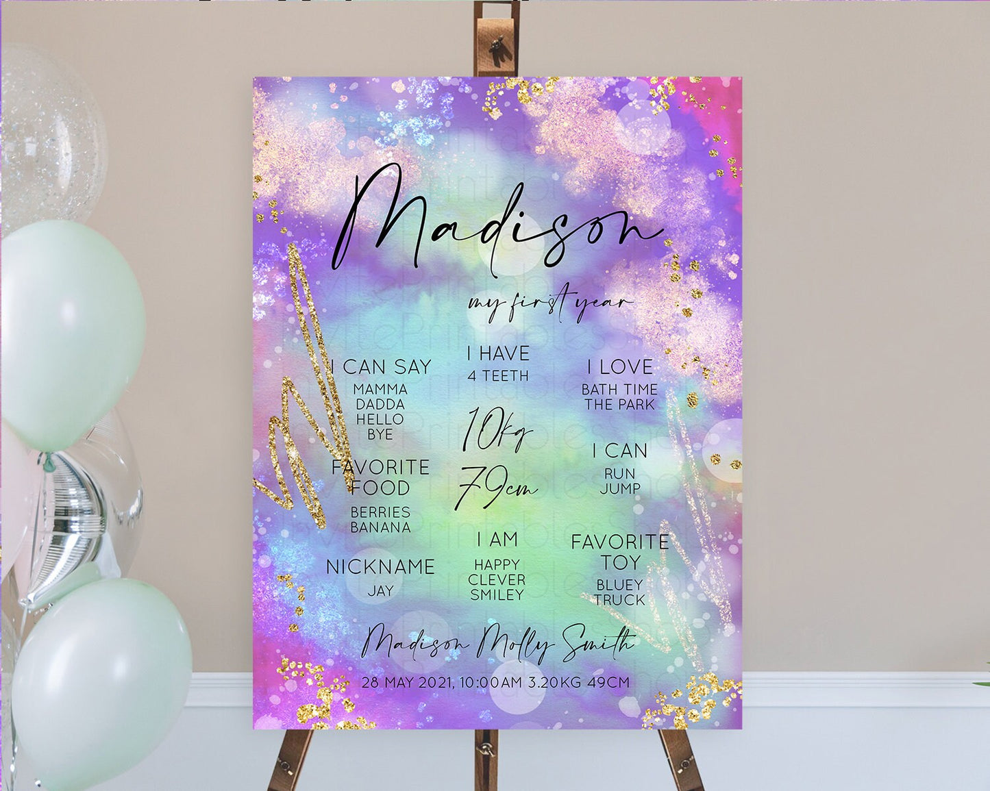 Pastel First Birthday Milestone Board Pastel Rainbow Milestone Poster Colorful Confetti Watercolor Glitter 1st Birthday Welcome Sign D10680