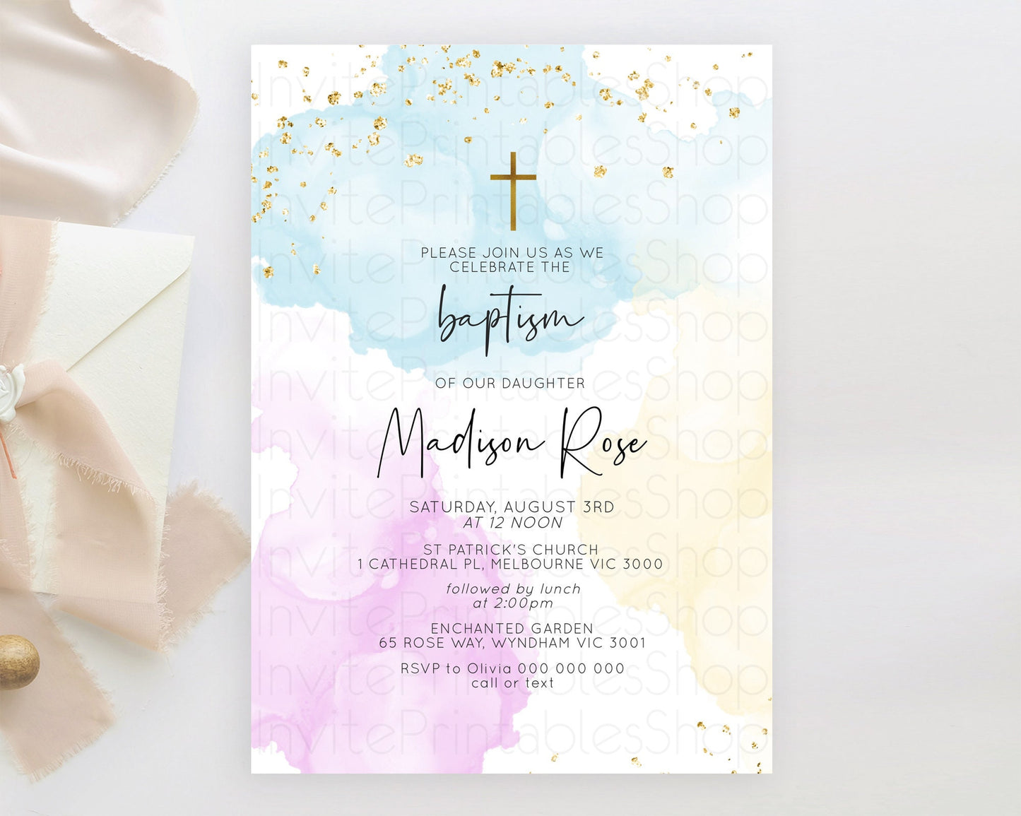 Pastel Baptism Invitation Pastel Colors Watercolor Baptism 1st Birthday Party Gold Ombre Pastel Rainbow Christening Holy Communion D10155