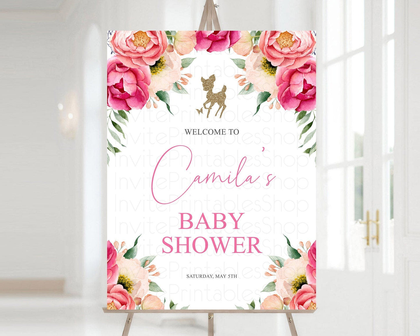 Fawn Baby Shower Welcome Sign Deer Welcome Board Floral Deer Welcome Poster Enchanted Forest Butterfly Pastel Floral Welcome Sign D10326