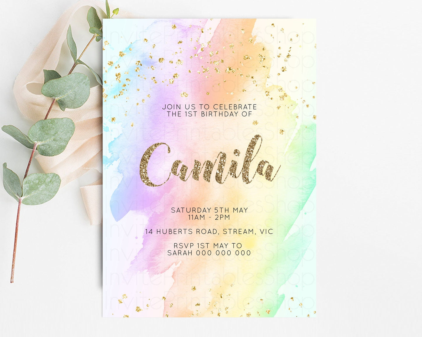 Rainbow Birthday Invitation Glitter Pastel Invitation Colorful Watercolor Gold Foil Splatter Sprinkle Ombre 1st 2nd 3rd Birthday Invite g602