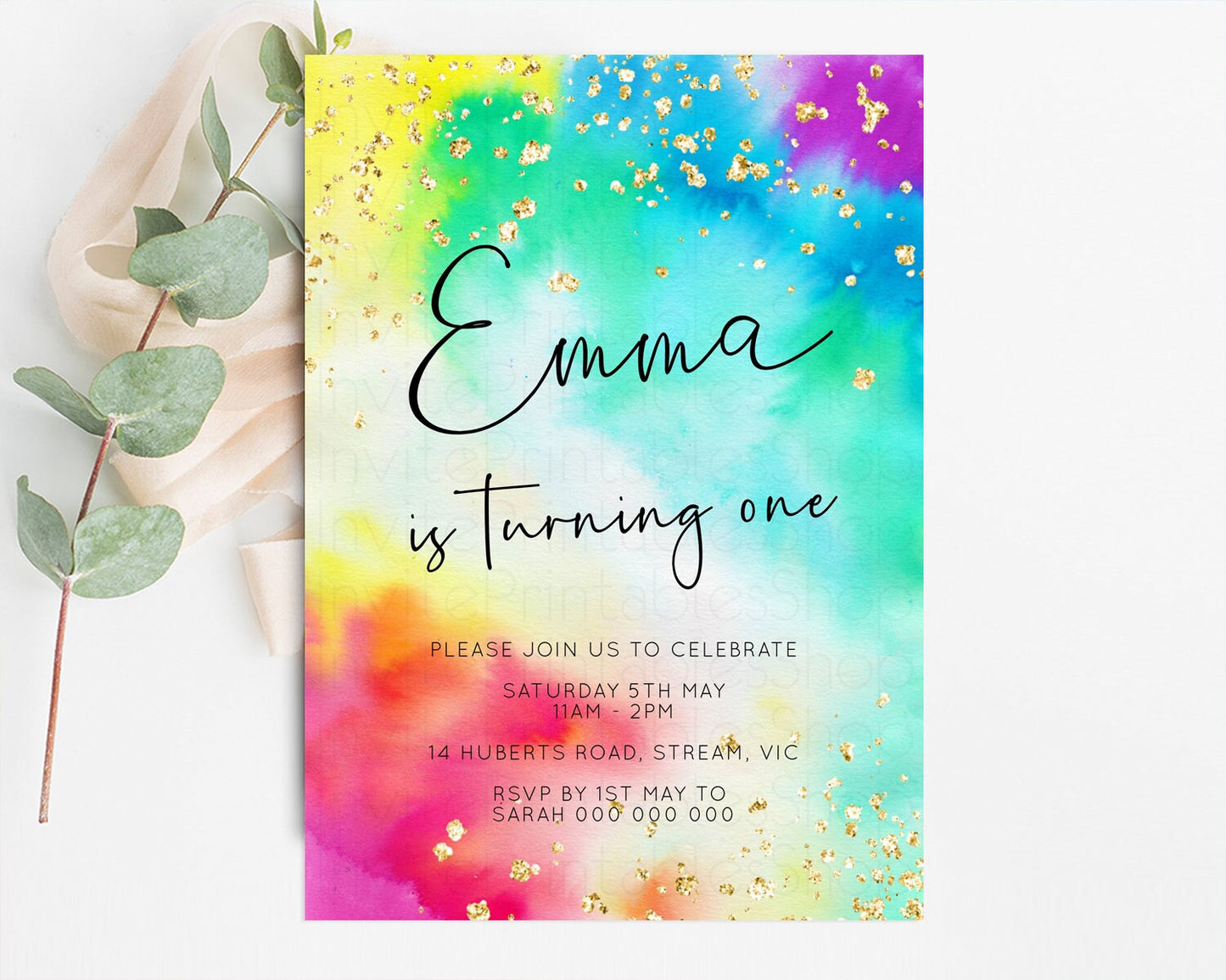 Tie Dye Rainbow Birthday Invitation Colorful Pastel Invite Ombre Watercolor Invite Rainbow Splash Glitter Sprinkle Invite 1st 2nd 3rd 511