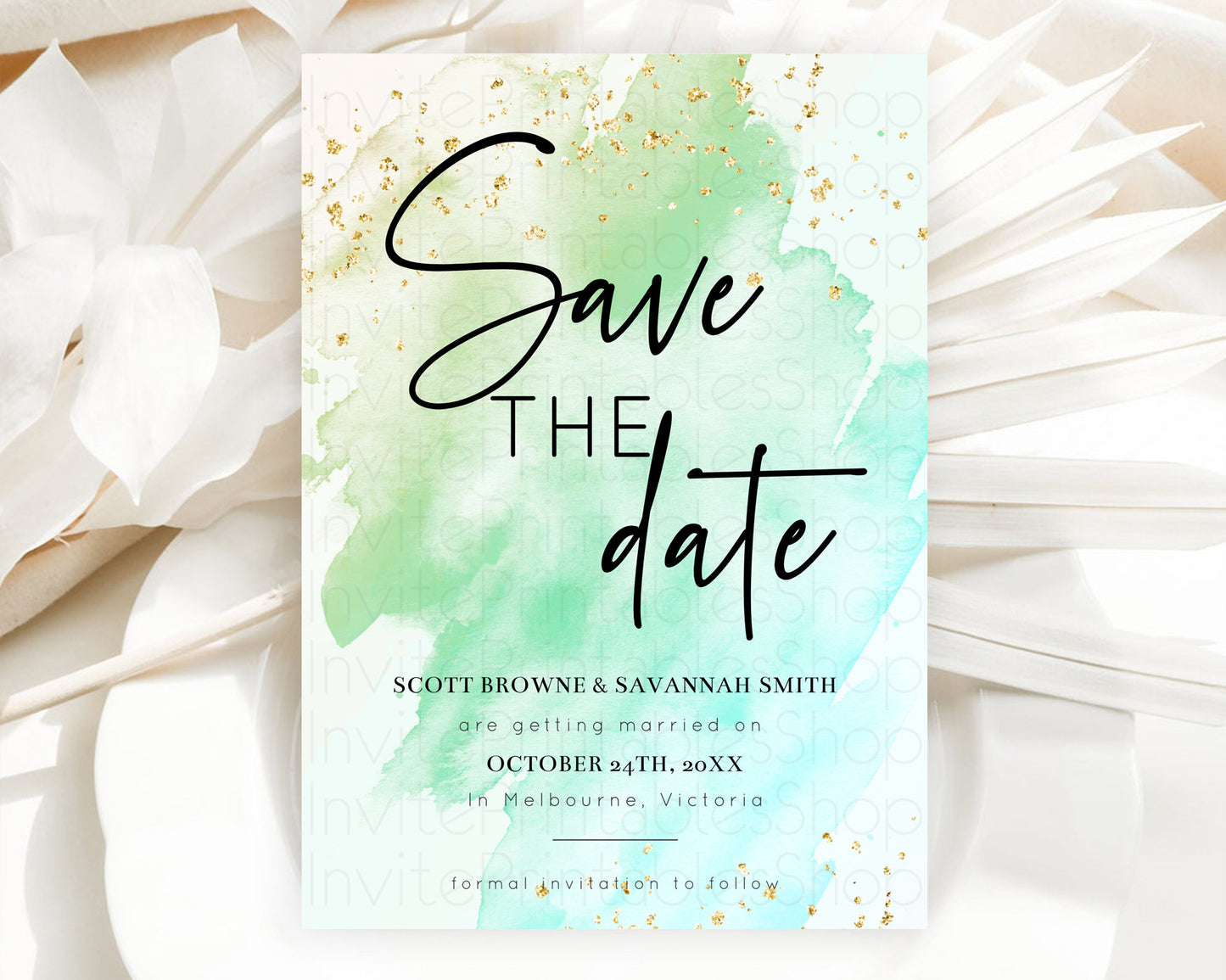 Green Watercolor Save The Date Template Ombre Green Watercolor Splash Party 1st Birthday Baby Shower Wedding Baptism Bridal Shower D10170