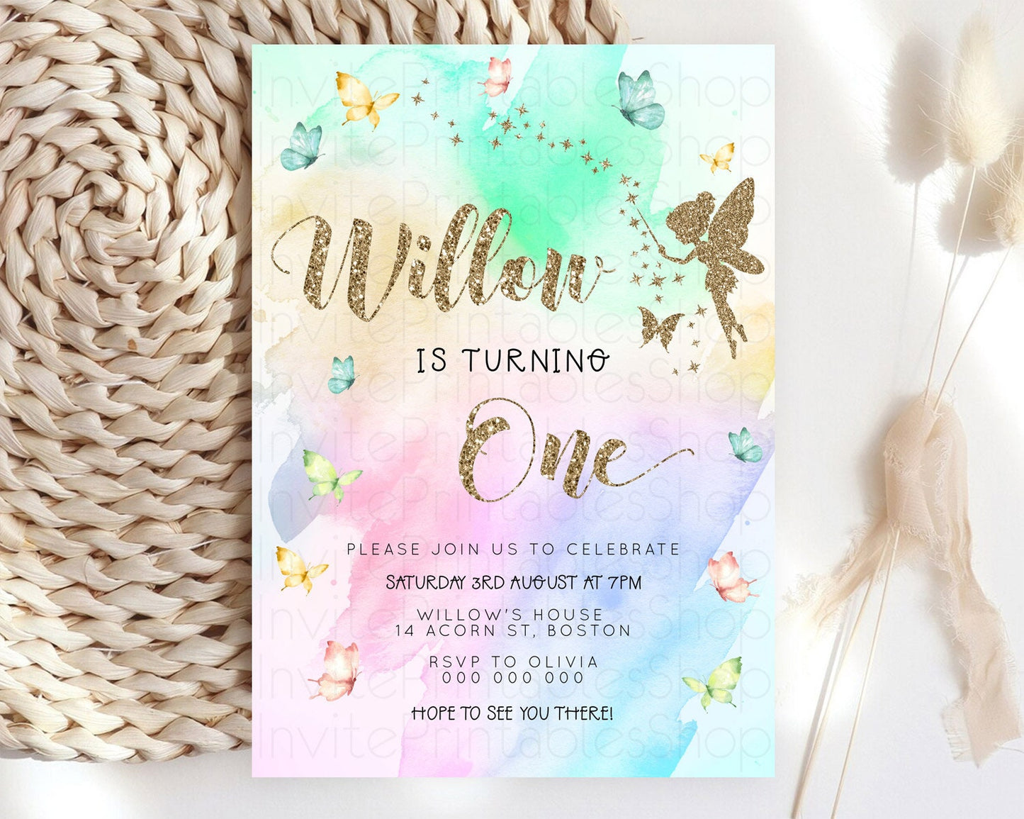 Pastel Fairy Birthday Invitation Pastel Butterflies Fairy Birthday Invitation Rainbow Ombre Watercolor 1st 2nd Birthday Invitation D23353