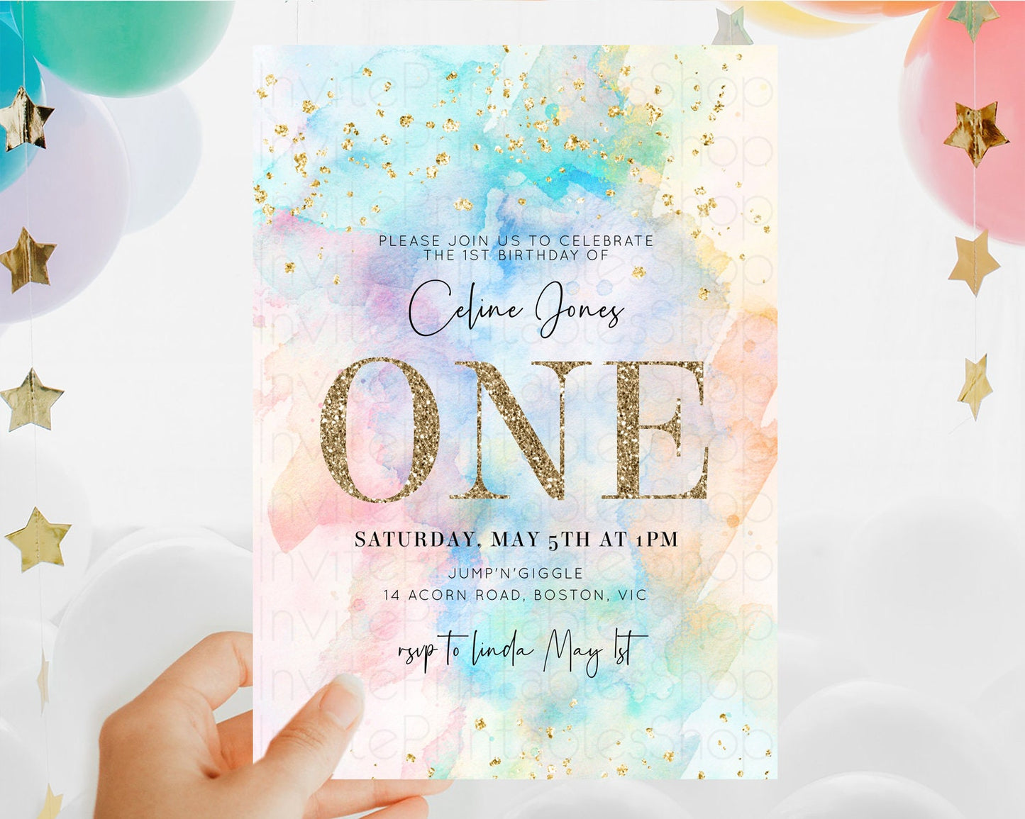 Rainbow Birthday Invitation Colorful Pastel Watercolor Invitation Gold Glitter Sprinkles Ombre Pastel 1st 2nd 3rd Birthday D10266