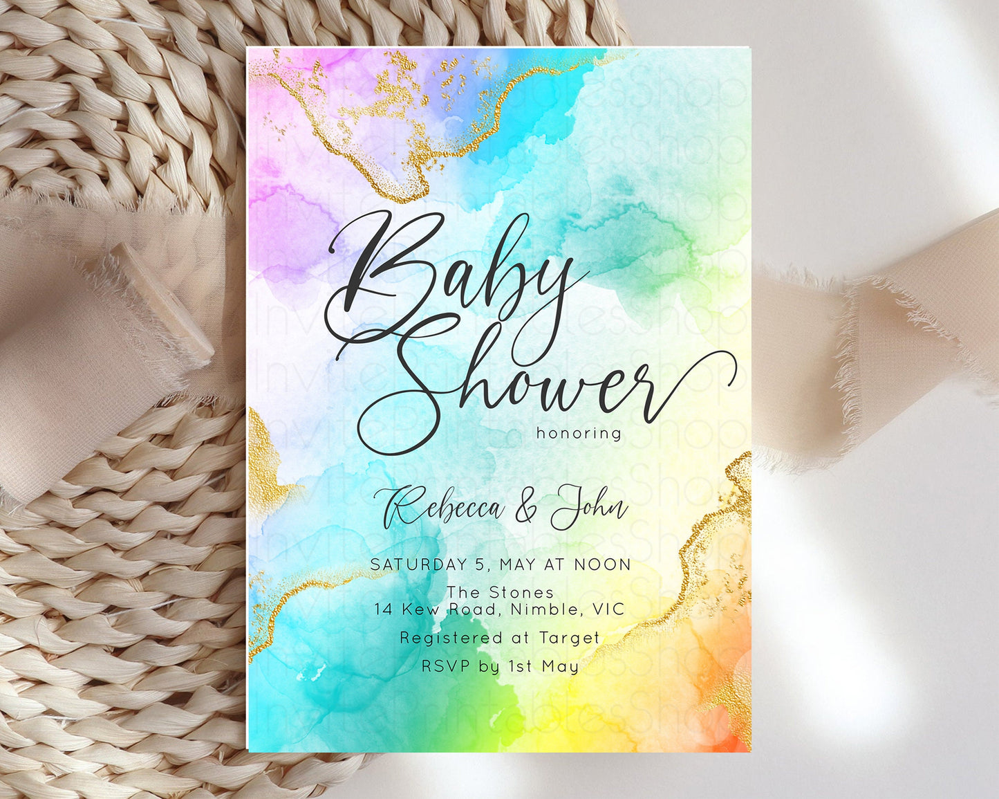 Rainbow Baby Shower Invitation Gold Glitter Splash Ink Pastel Watercolor Colorful Blue Pink Purple Yellow Gender Neutral Editable D10390