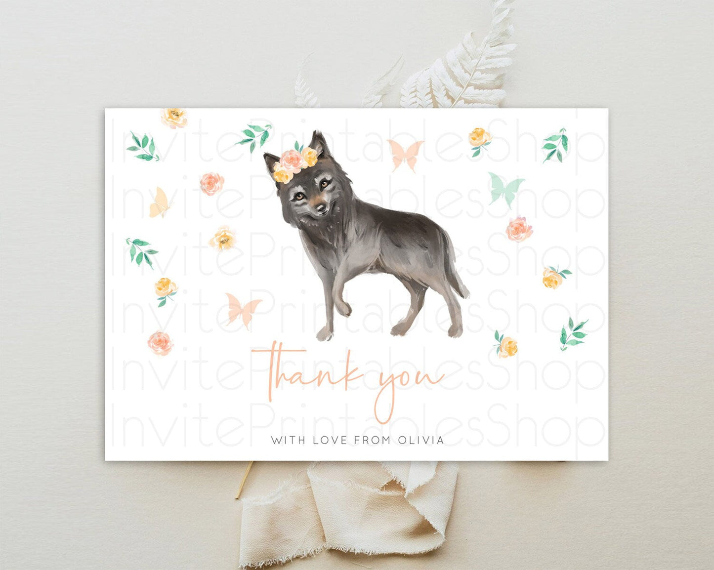 Wolf Thank You Wolf Thank You Card Pastel Floral Wolf Birthday Thank You Card Forest Wolf Party Decor Wolf Birthday Thank You Cards D10362