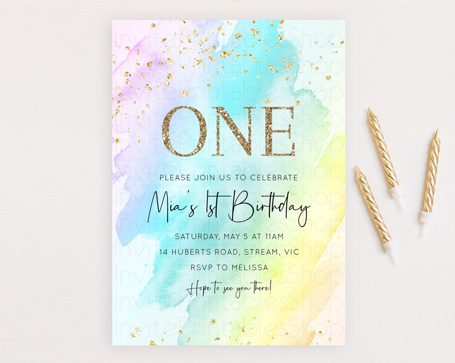 Rainbow Birthday Invitation Colorful Pastel Watercolor Invitation Gold Glitter Sprinkles Ombre Pastel 1st 2nd 3rd Birthday D10171