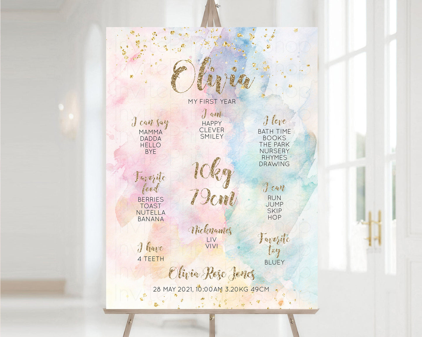 Pastel First Birthday Milestone Board Pastel Rainbow Milestone Poster Watercolor Glitter One Year Poster Colorful Splash Baby 1st Year 276
