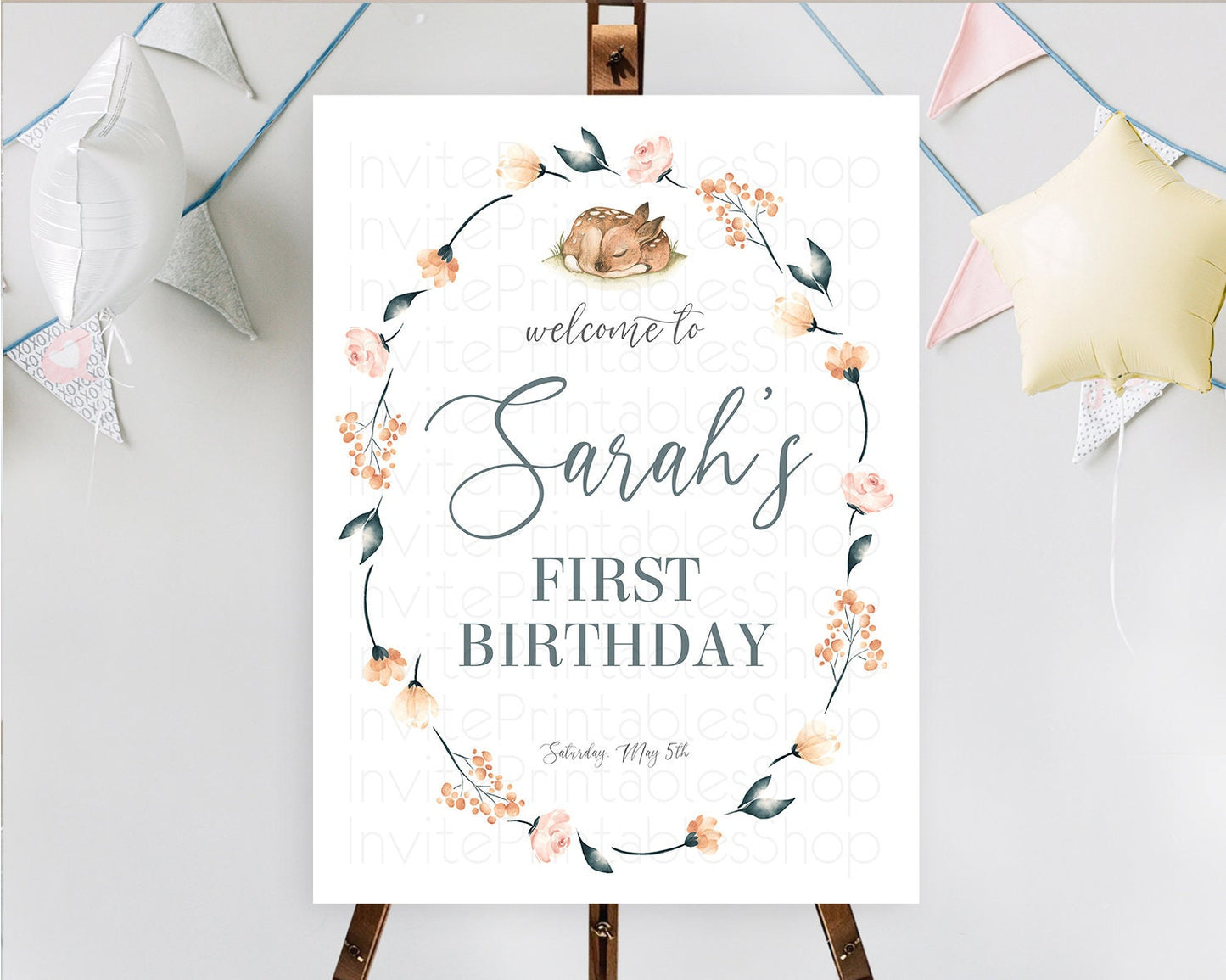 Fawn Welcome Sign Deer Welcome Board Floral Deer Welcome Poster Enchanted Forest Butterfly Pastel Floral First Birthday Welcome Sign D10790