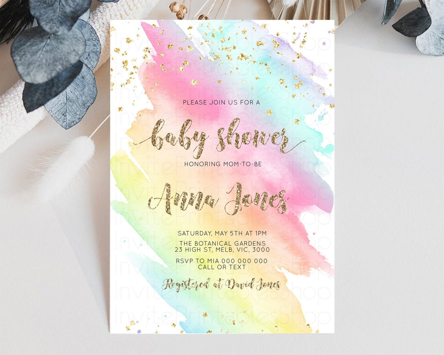 Rainbow Baby Shower Invitation Pastel Ombre Baby Sower Invite Colorful Splash Invite Sprinkles Confetti Watercolor Baby Shower Invite D10495