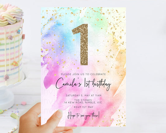Editable Rainbow Birthday Invitation Colorful Pastel Watercolor Invitation G