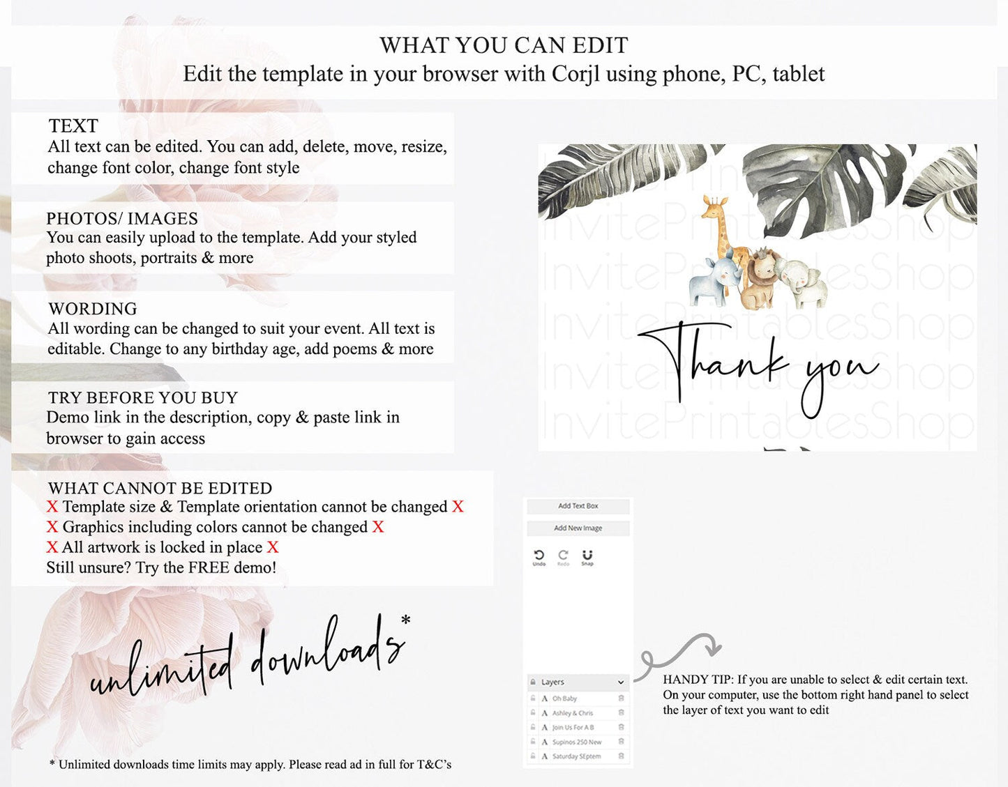 Safari Thank You Safari Thank You Cards Lion Gorilla Elephant Rhino Tropical Palm Zoo Birthday Thank You Safari Teacher Thank You D10599