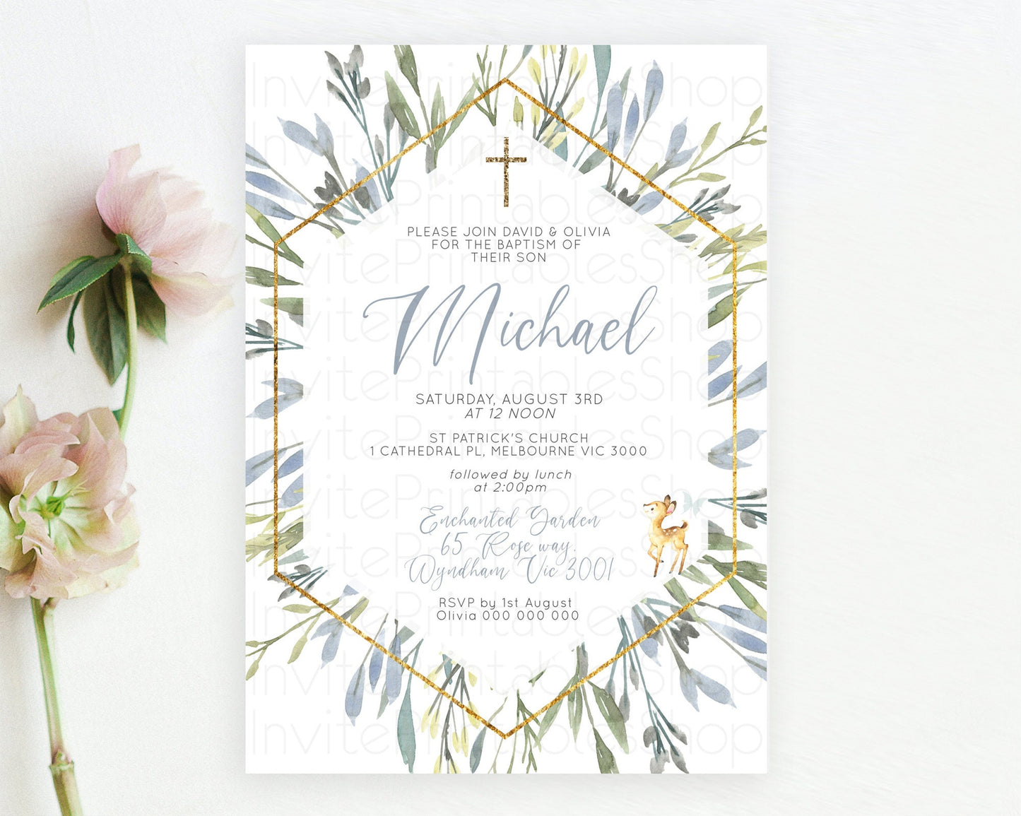 Fawn Baptism Invitation Deer Baptism 1st Birthday Invitation Enchanted Forest Christening Invitation Pastel Garden Butterfly Floral D10400