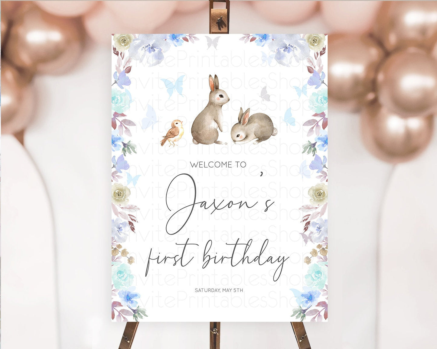 Bunny Welcome Sign Floral Bunny Welcome Board Pastel Flowers Woodland Bunny Welcome Poster Forest Bunny First Birthday Welcome Sign D10927