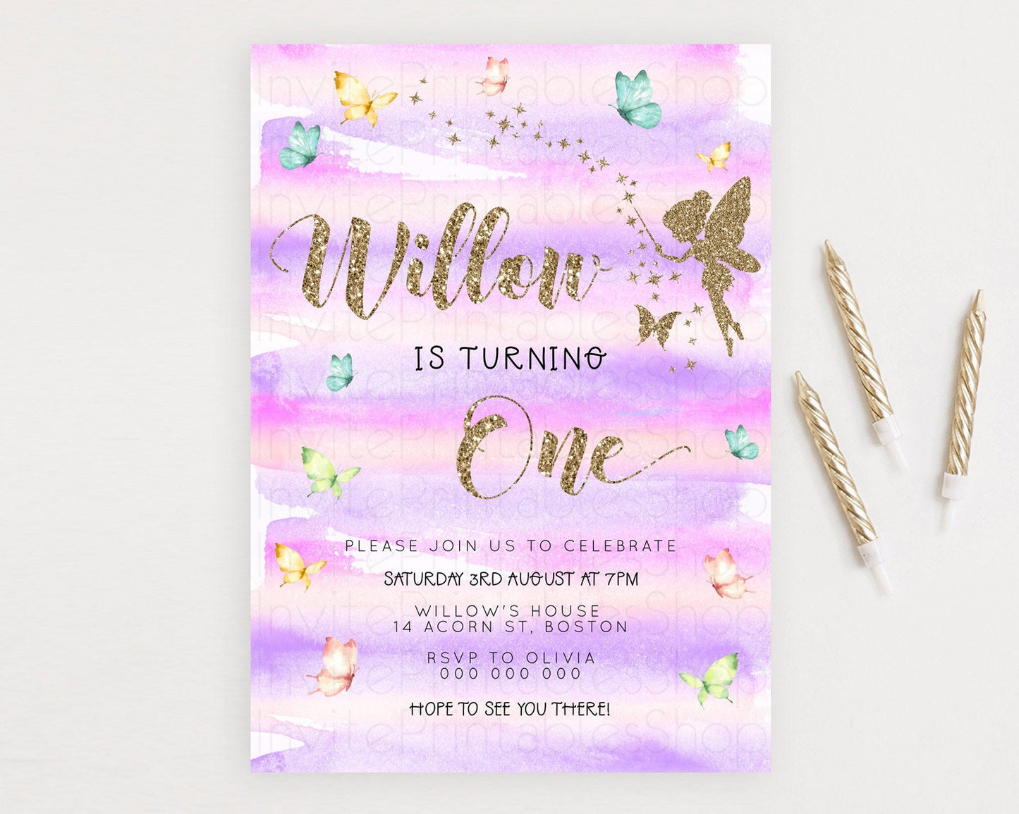 Pastel Fairy Birthday Invitation Pastel Butterflies Fairy Birthday Invitation Rainbow Ombre Watercolor 1st 2nd Birthday Invitation D23313