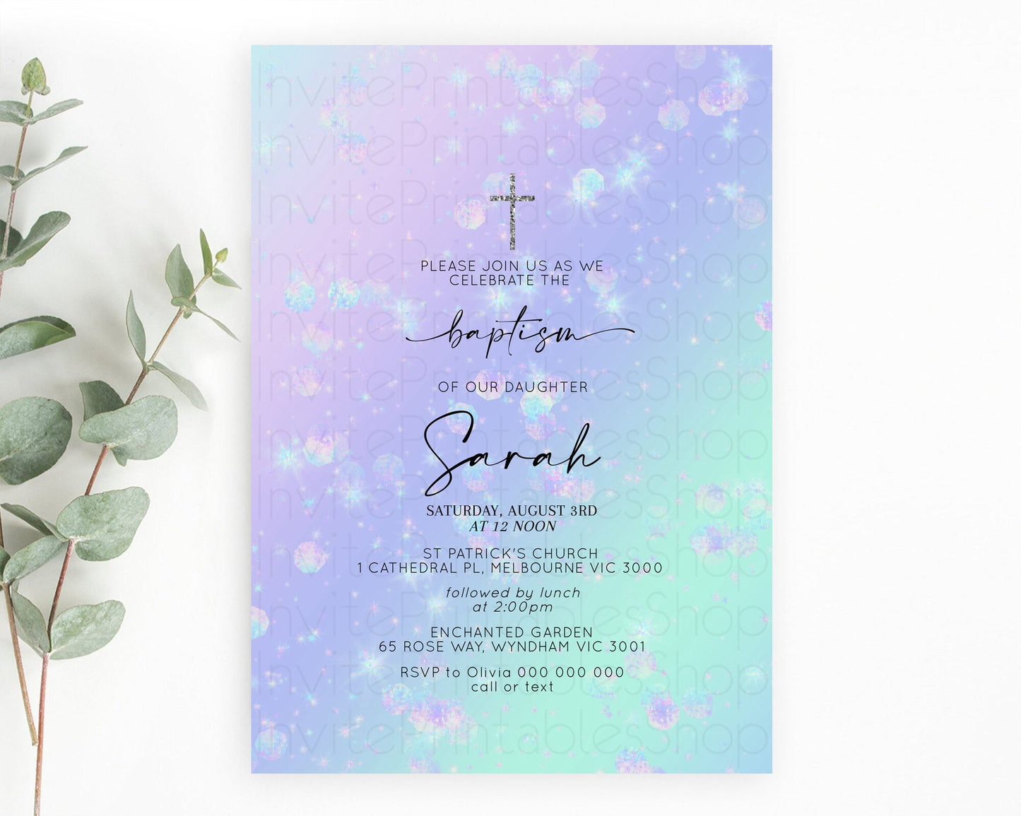 Rainbow Baptism Invitation Colorful Pastel Watercolor Baptism 1st Birthday Invitation Iridescent Glitter Sprinkles Ombre Christening D10663