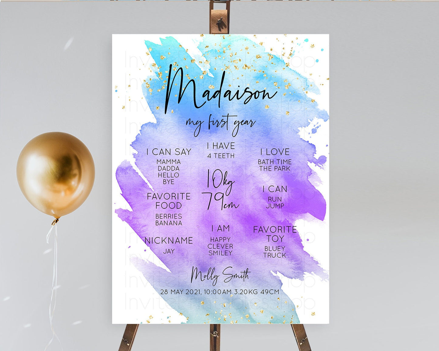 Pastel First Birthday Milestone Board Pastel Rainbow Milestone Poster Colorful Confetti Watercolor Glitter 1st Birthday Welcome Sign D10491