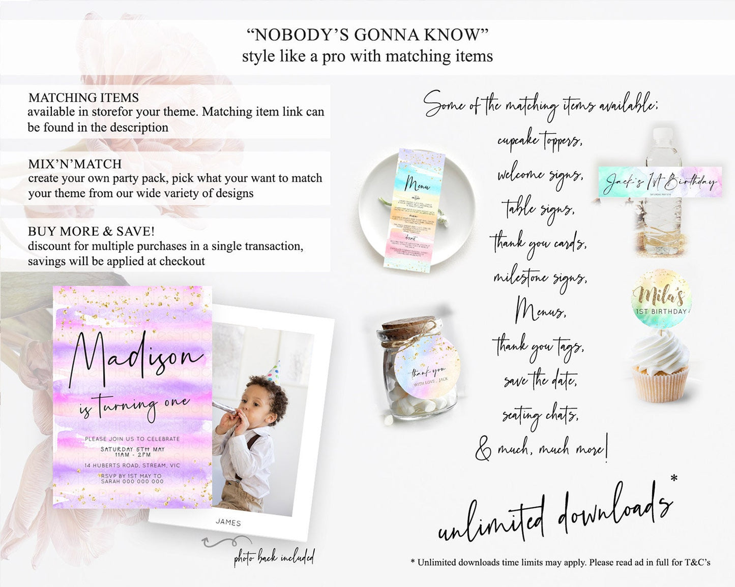 Pink Birthday Invitation pink Watercolor Invitation Pastel pink Watercolor Invitation pink Splash Gold Invitation 1st First Birthday D23035