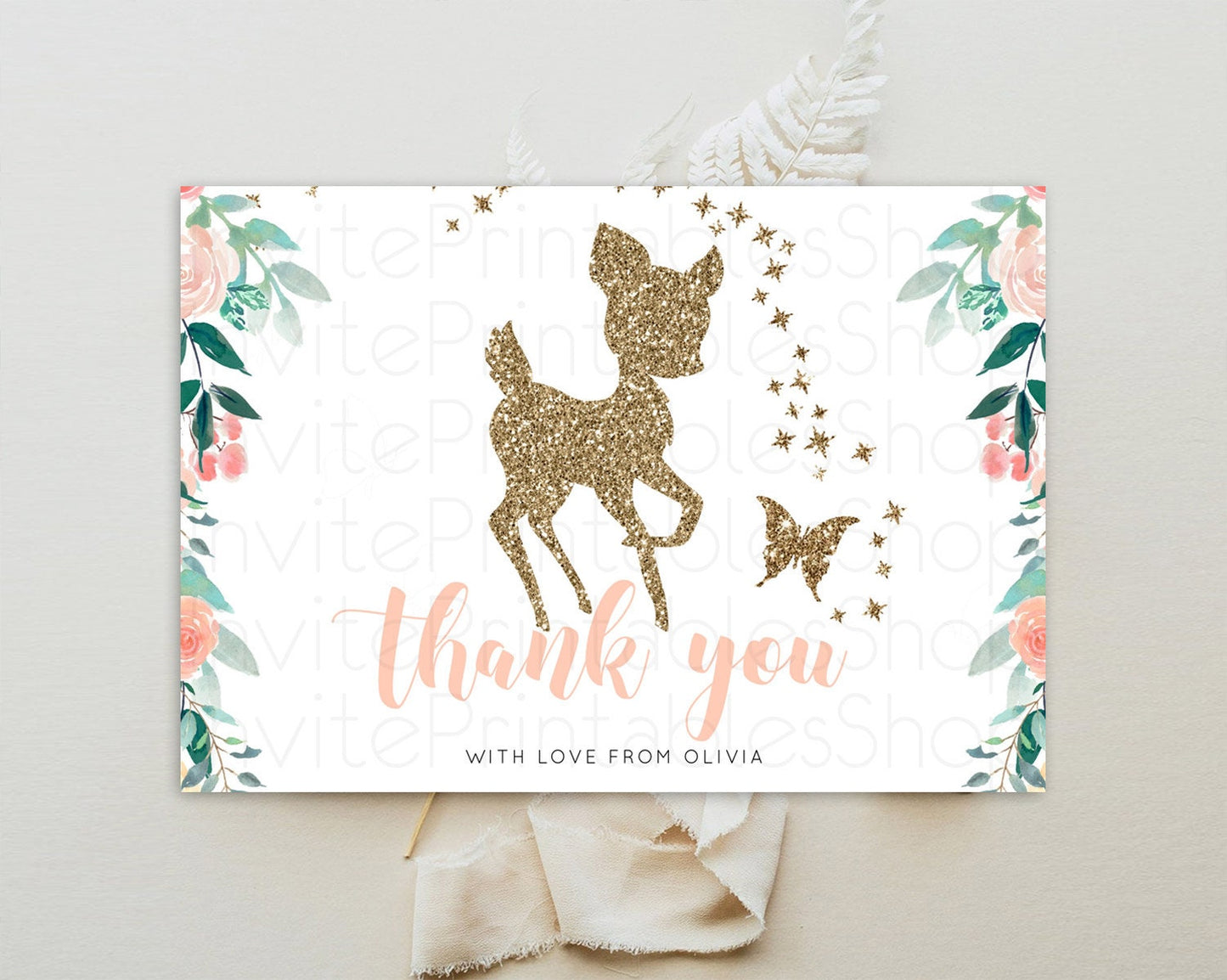 Fawn Thank You Deer Thank You Card Pastel Floral Deer Birthday Thank You Card Enchanted Forest Butterfly Deer Teacher Thank You Card D10874