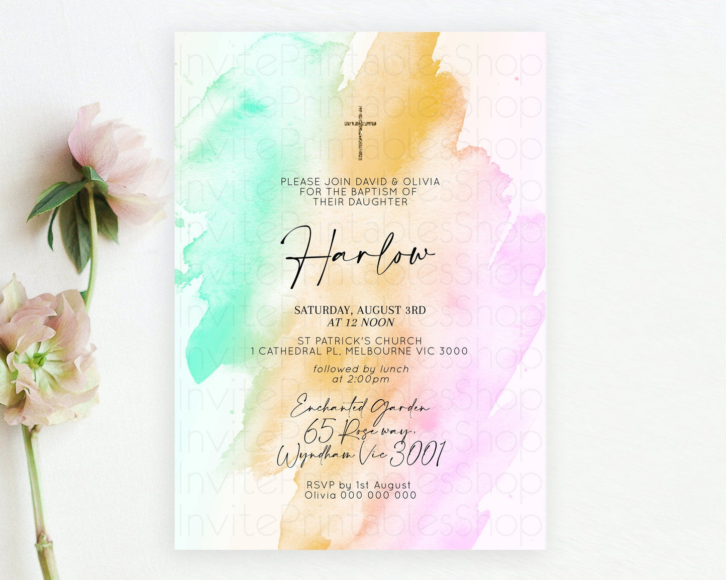Pastel Baptism Invitation Pastel Colors Watercolor Baptism 1st Birthday Party Gold Ombre Pastel Rainbow Christening Holy Communion D10962