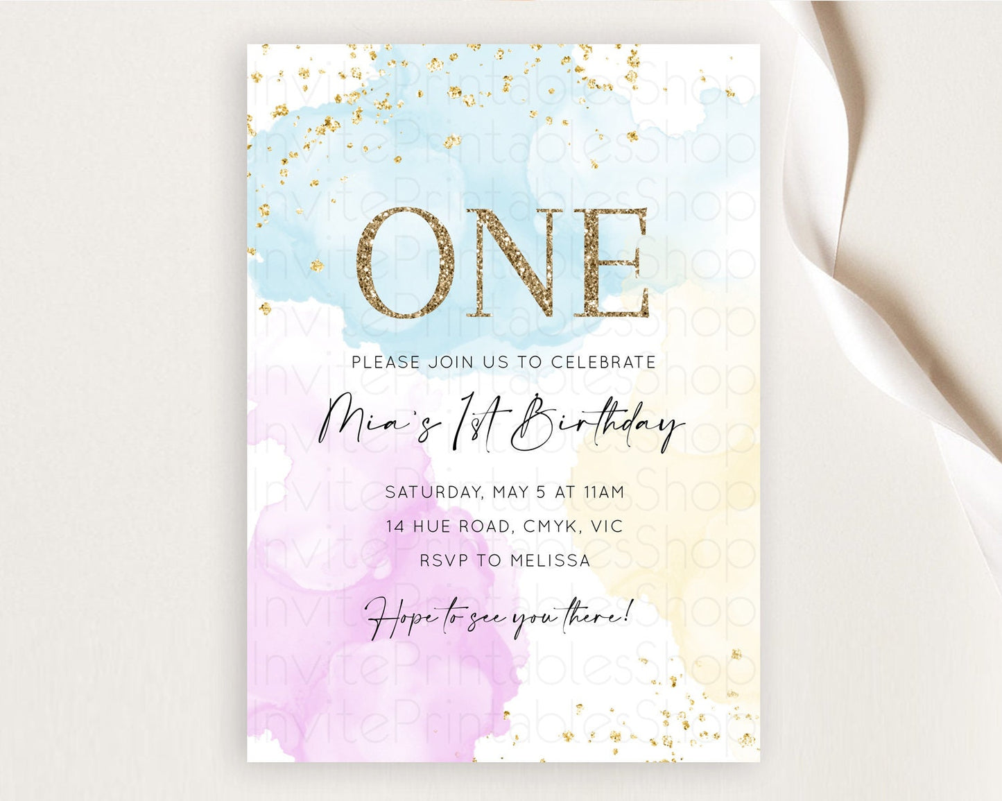 Rainbow Birthday Invitation Colorful Pastel Watercolor Invitation Gold Glitter Sprinkles Ombre Pastel 1st 2nd 3rd Birthday D10204