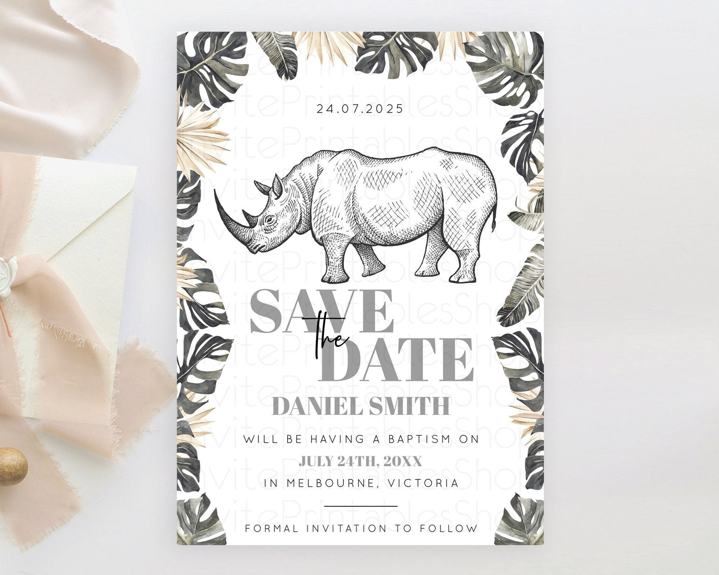 Rhino Save The Date Template Rhino Party Save The Date Safari Adventure Rhino Minimal Theme For 1st Birthday Baptism Baby Shower D10826