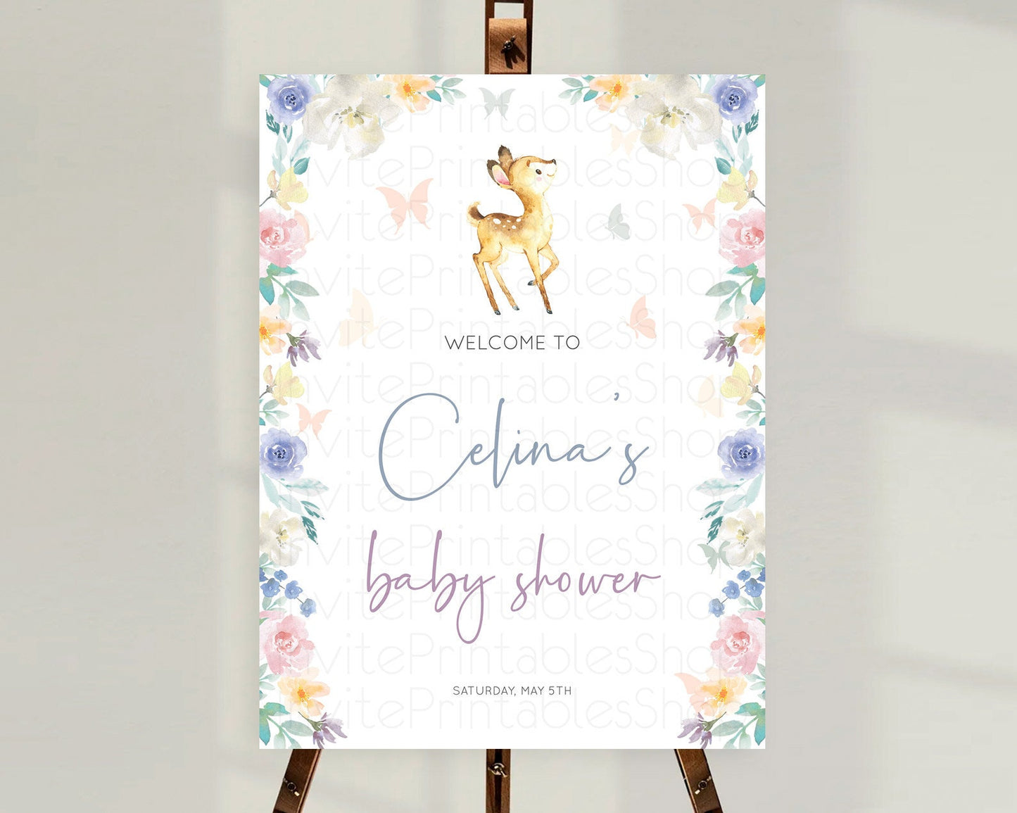 Fawn Baby Shower Welcome Sign Deer Welcome Board Floral Deer Welcome Poster Enchanted Forest Butterfly Pastel Floral Welcome Sign D11035