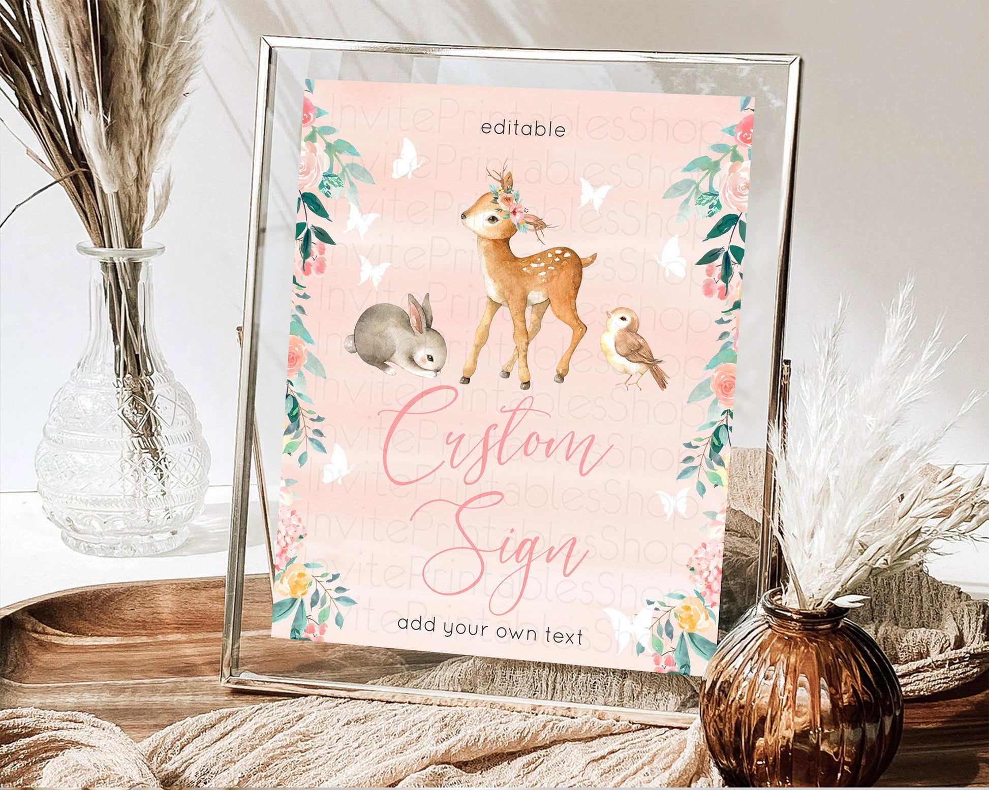 Editable Fawn Deer Sign Pastel Floral Deer Table Sign Decor Enchanted Forest