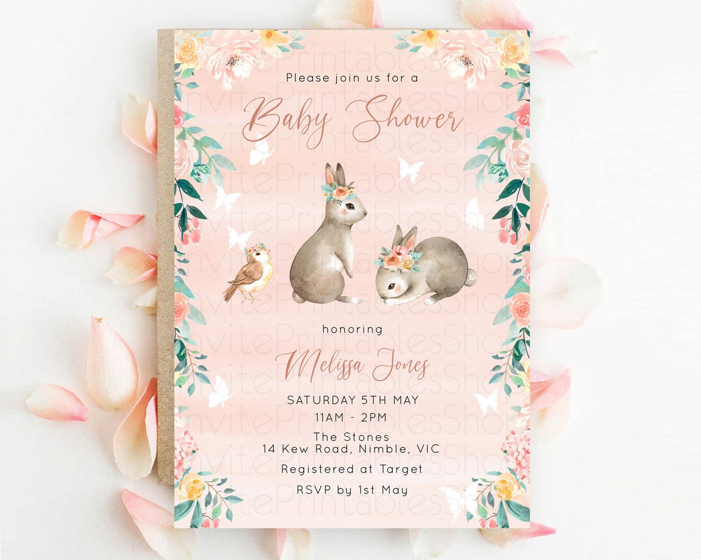 Bunny Baby Shower Invitation Enchanted Forest Invitation Secret Garden Pastel Floral Rabbit Butterfly Forest Bunny Woodland Theme D10922