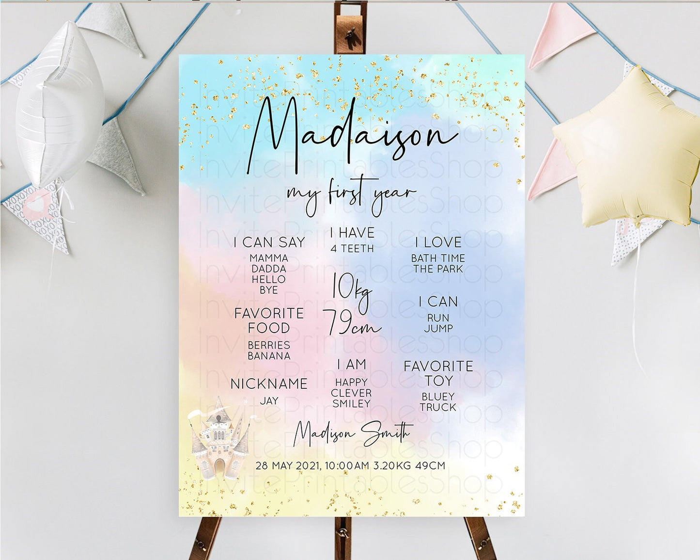 Pastel First Birthday Milestone Board Pastel Rainbow Milestone Poster Colorful Confetti Watercolor Glitter 1st Birthday Welcome Sign D10376
