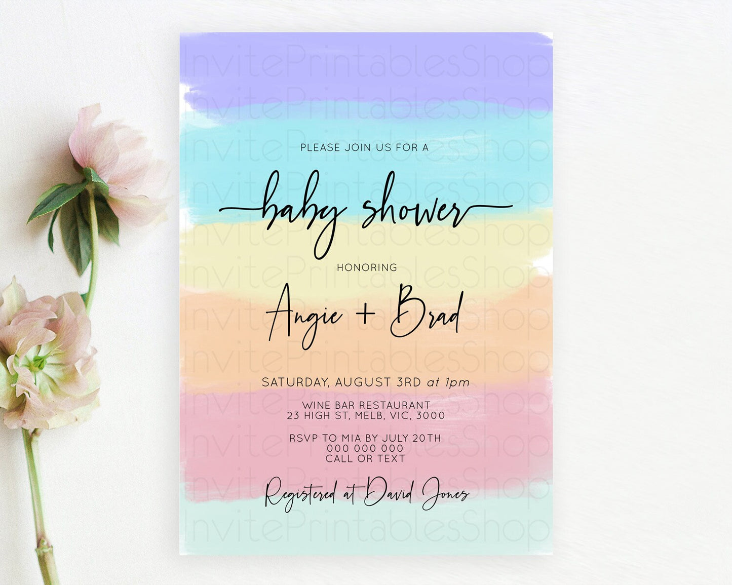 Pastel Baby Shower Invitation Rainbow Baby Shower Invitation Colorful Pastel Watercolor Invitation Gold Glitter Sprinkles Ombre D10510