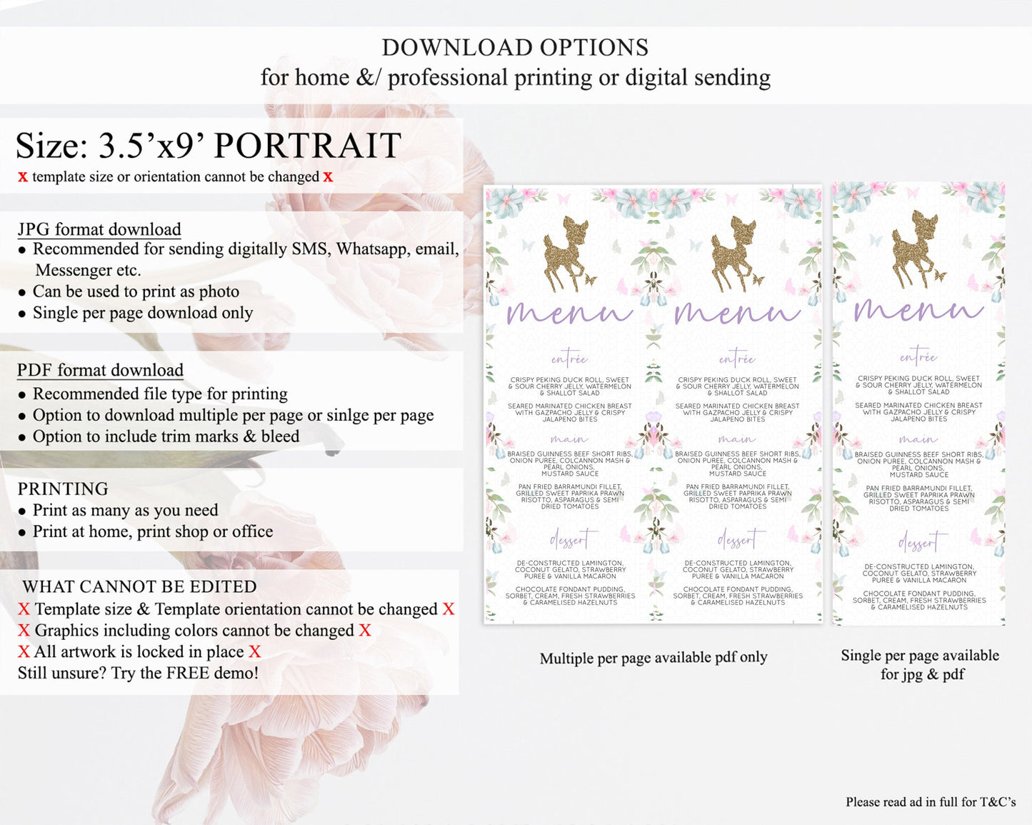 Fawn Menu Deer Menu Template Pastel Floral Deer Table Decor Enchanted Forest Butterfly Floral Dinner Dessert Menu Party Food Menu D10476