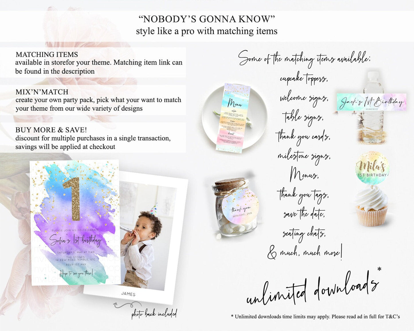 Rainbow Birthday Invitation Colorful Pastel Watercolor Invitation Gold Glitter Sprinkles Ombre Pastel 1st 2nd 3rd Birthday D10491