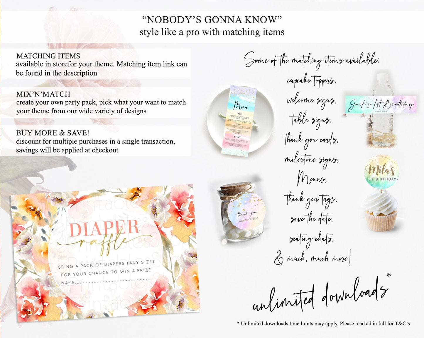 Secret Garden Diaper Raffle Card Boho Wildflower Diaper Raffle Insert Pastel Flower Garden Baby Shower Card Flower Raffle Game D10280