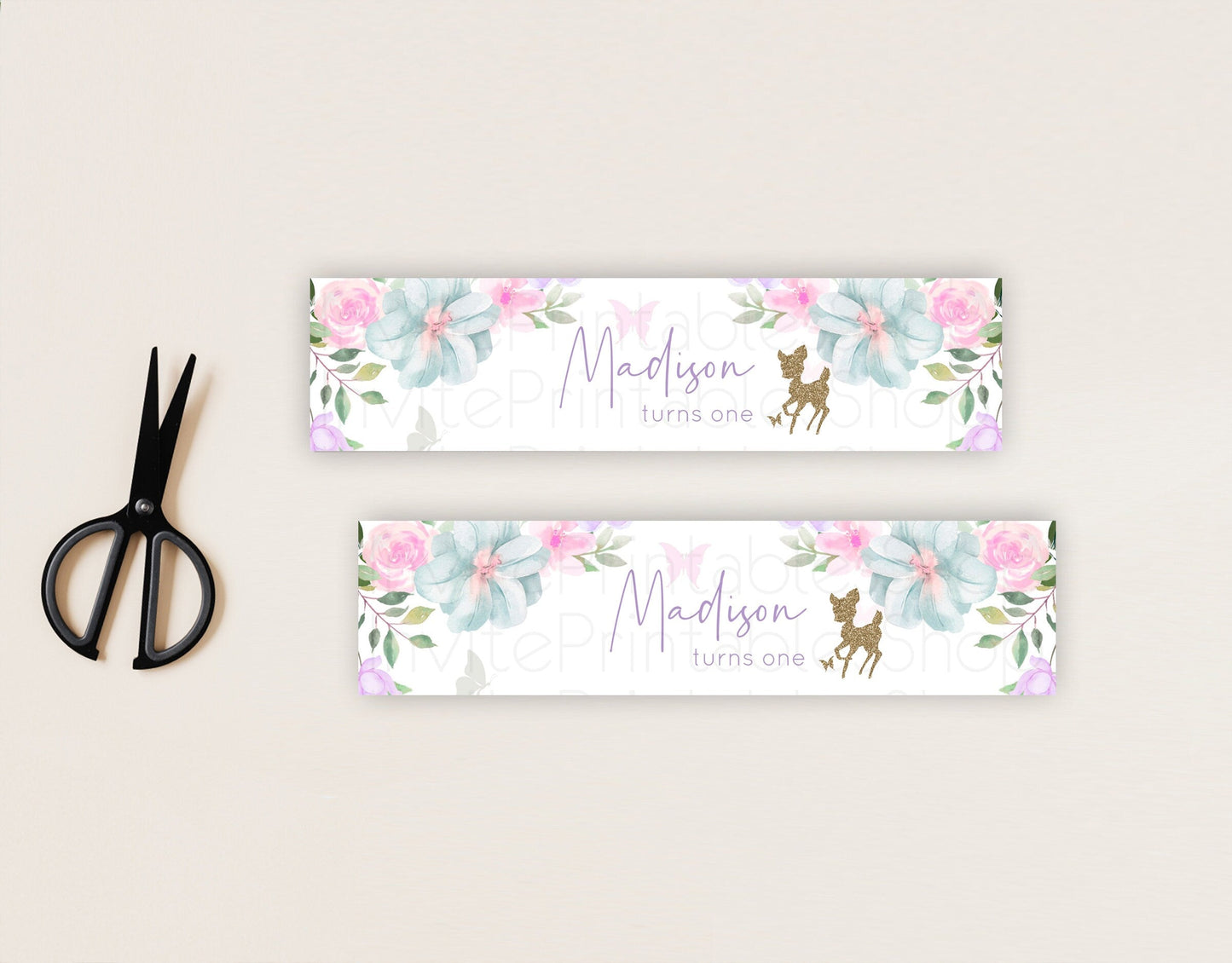 Fawn Deer Water Label Template Pastel Floral Deer Enchanted Forest Butterfly Party Decor Birthday Baptism Baby Shower Bridal Shower D10476
