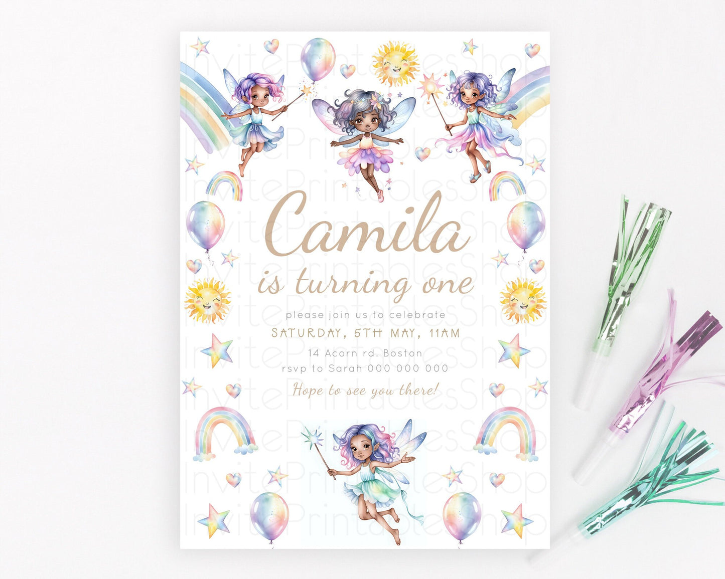 Rainbow Fairy Birthday Invitation Pastel Birthday Invitation Magical Pastel Fairy Party Theme Pastel Stars Heart Sun 1st 2nd Birthday D23374