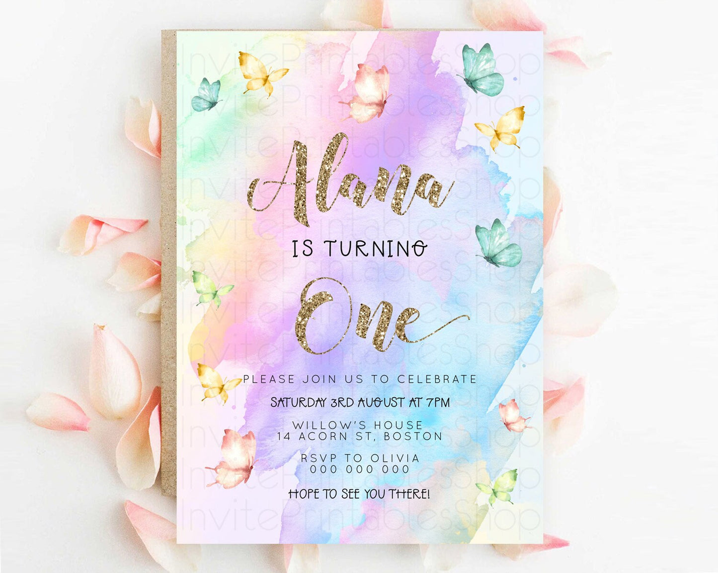 Pastel Butterfly Birthday Invitation Butterfly Birthday Invitation Colorful Splash Glitter Butterfly Garden 1st 2nd Birthday D23248