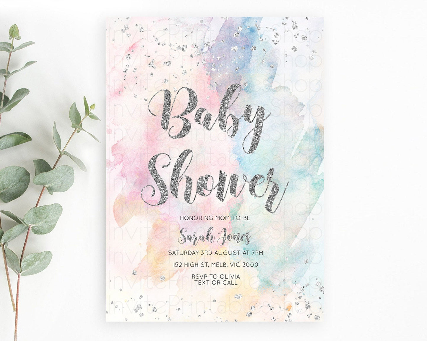 Pastel Baby Shower Invitation Pastel Rainbow Baby Invitation Pastel Watercolor Invitation Colorful Ombre Silver Glitter Sprinkle D10944