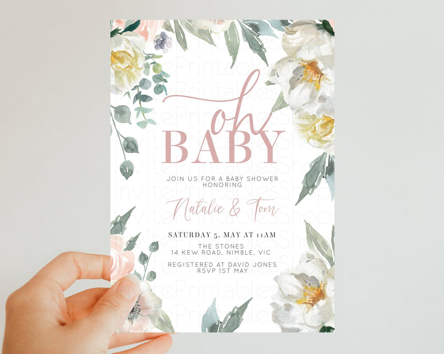 White Florals Baby Shower Invitation Secret Garden Whimsical Enchanted Fairytale Forest Wreath Watercolor Spring Flowers Invite W108