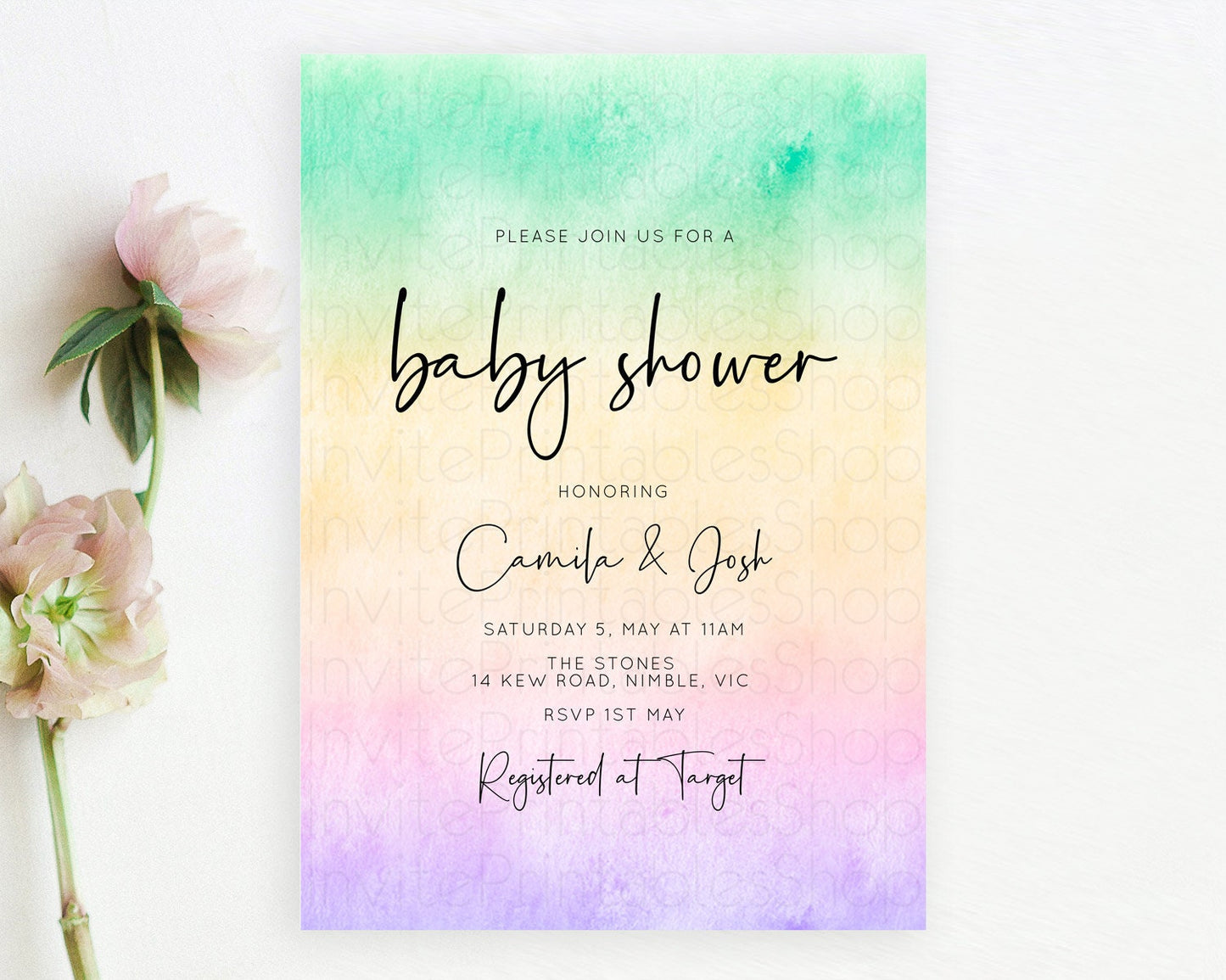 Pastel Baby Shower Invitation Rainbow Baby Shower Invitation Colorful Pastel Watercolor Invitation Gold Glitter Sprinkles Ombre D10481