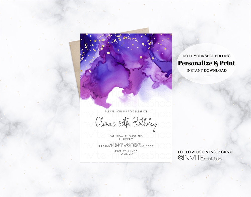 Purple Birthday Invitation Jewel Oil Acrylic Watercolor Ink Splash Gold Foil Splatter Sprinkles Water Marble Printable 30th Invite