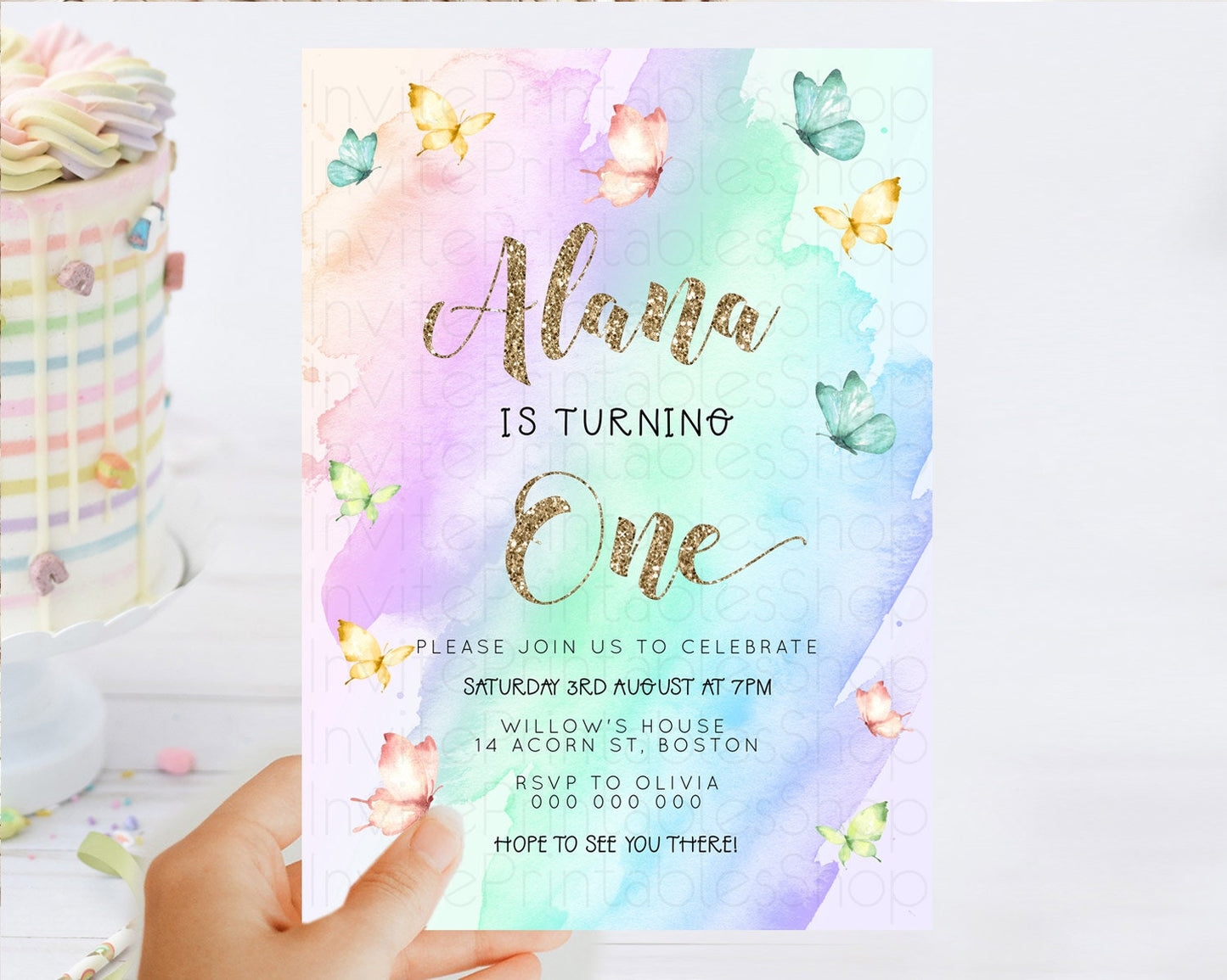 Pastel Butterfly Birthday Invitation Butterfly Birthday Invitation Colorful Splash Glitter Butterfly Garden 1st 2nd Birthday D23237