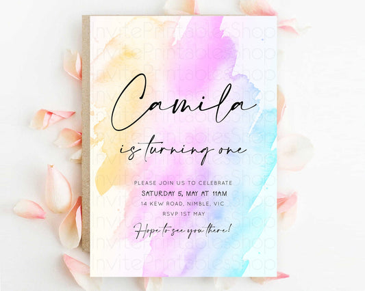 Editable Rainbow Birthday Invitation Colorful Pastel Watercolor Invitation G